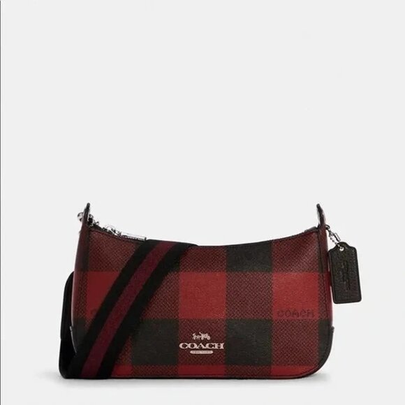 COACH C6818 Jes Baguette With Buffalo Plaid Print Black 1941 Red Multi - Picture 1 of 9